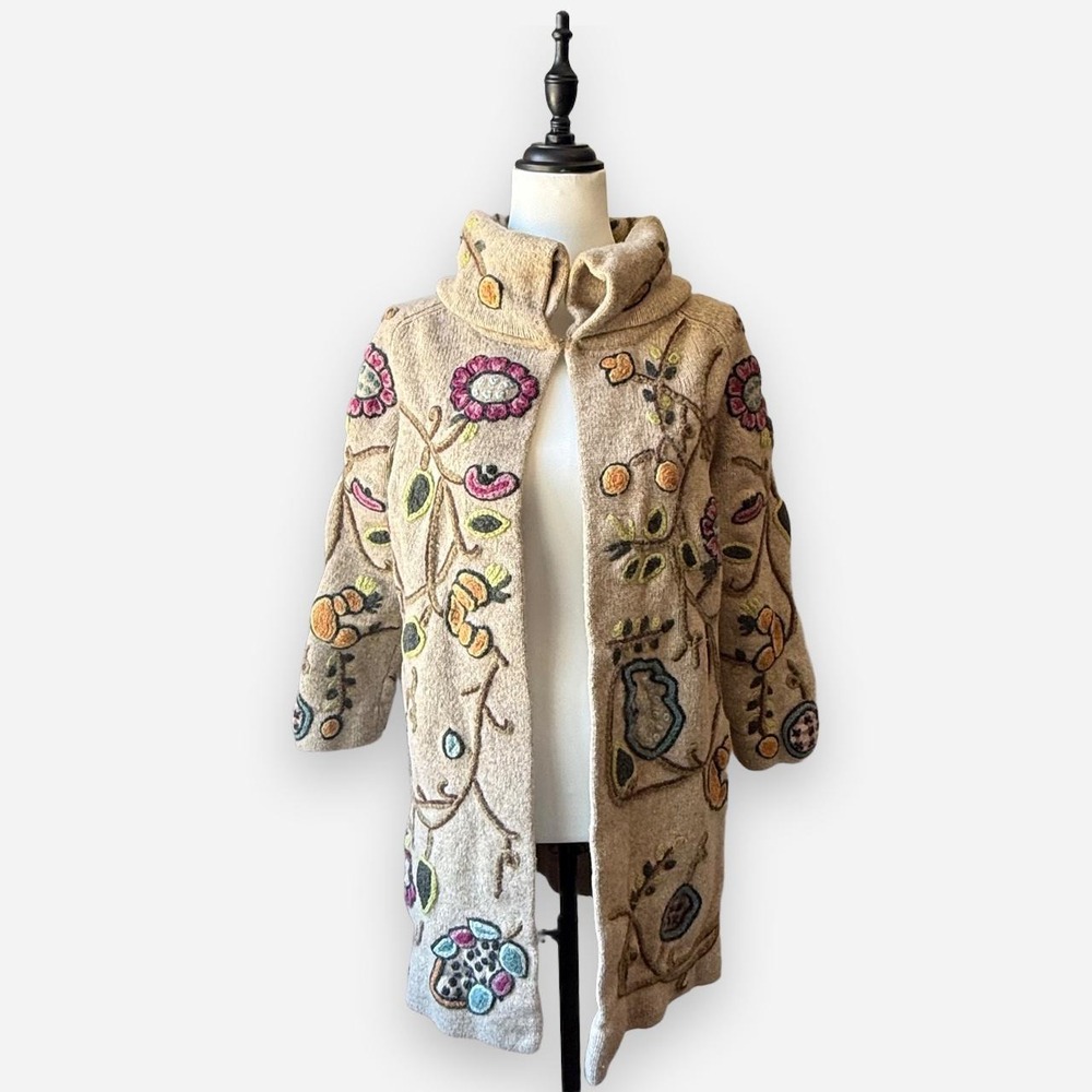 J.Jill Wool Blend Embroidered Floral Cardigan Sweater Oatmeal Beige Medium